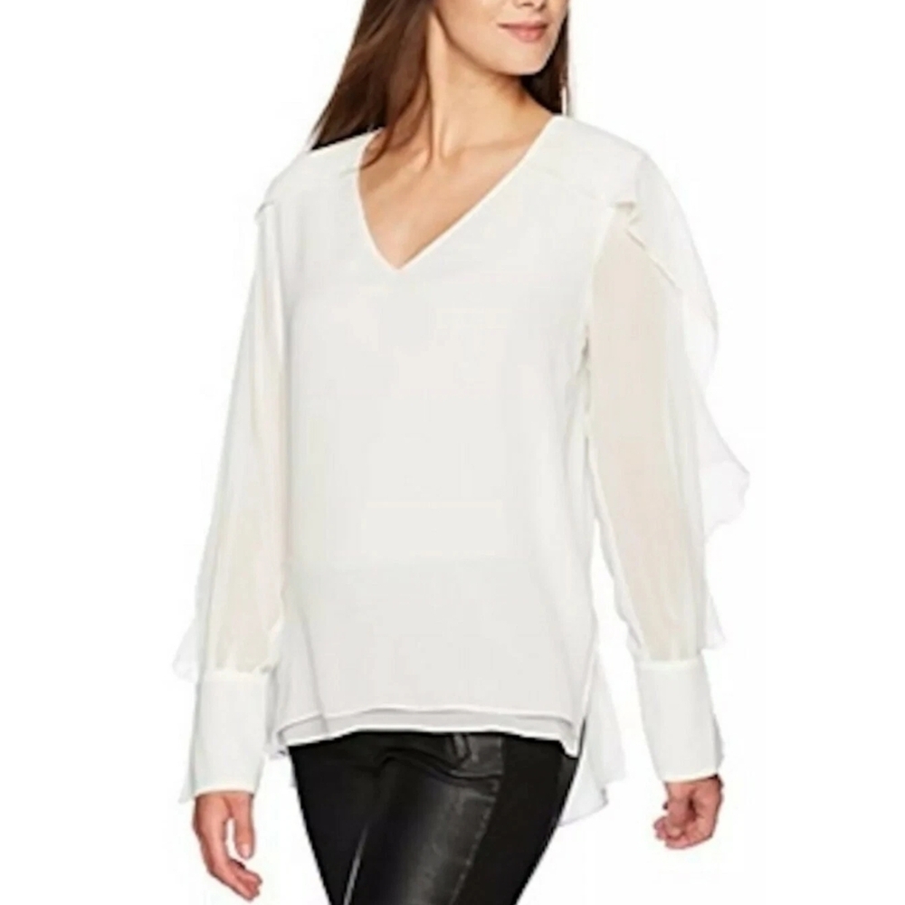 BCBGMaxAzria Gael Off White Blouse Shirt Ruffle Long Sleeve Size S